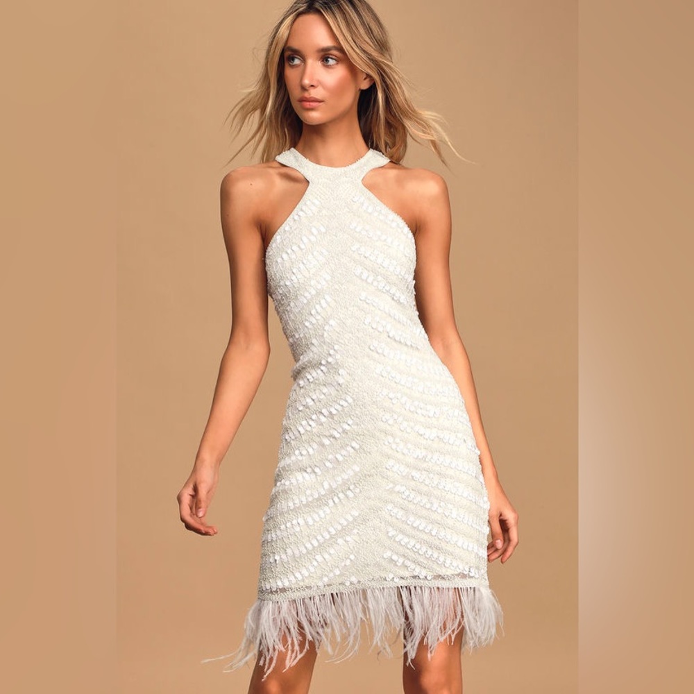 Lulus Feather Together White Beaded Halter Mini Dress